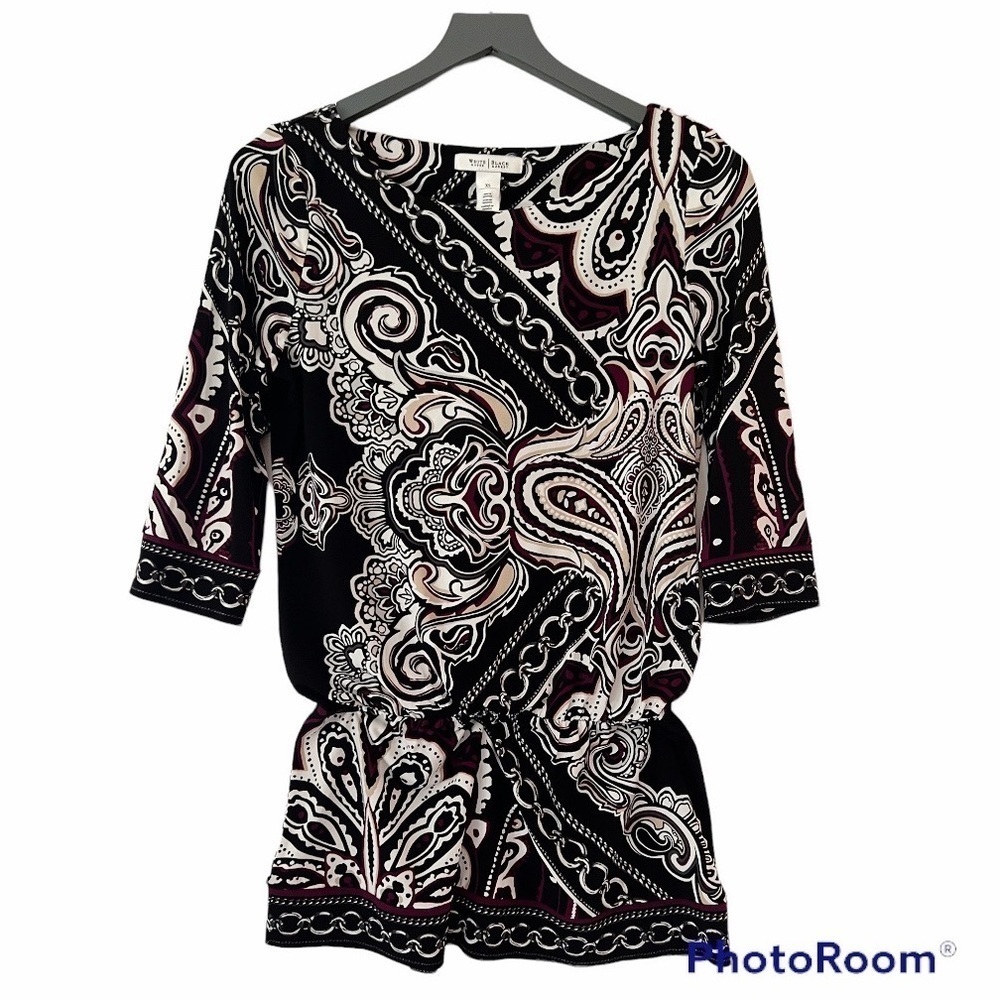 White House Black Market Black 3/4 Sleeve Boat Neck Blouson Paisley Tunic Sz. XS